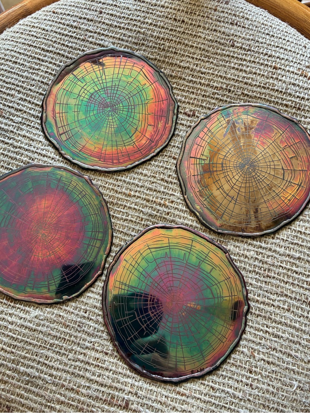 Anthropologie Metal Iridescent Multicolor Tree Ring Coasters (4)